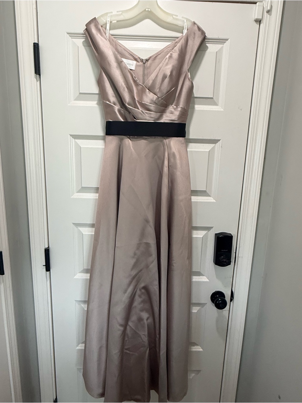 Oleg Cassini Blush Satin V-Neck Maxi Dress with Black Waistband